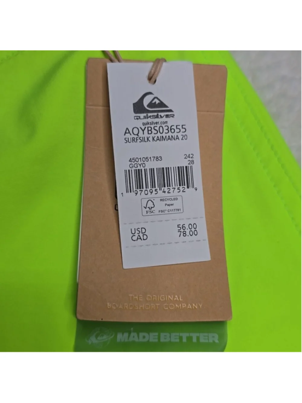 632 NWT Quicksilver Surfsilk Kaimana 20
